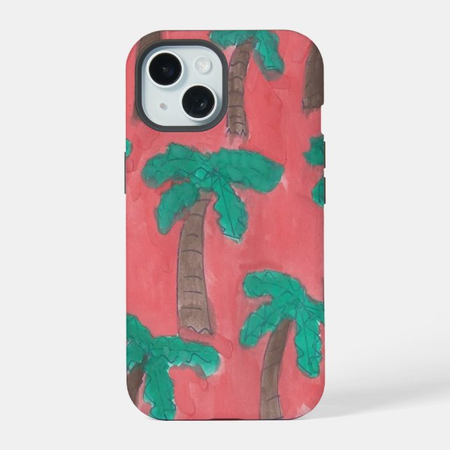 Watercolor Palm Tree Pattern iPhone 15 Case (Back)