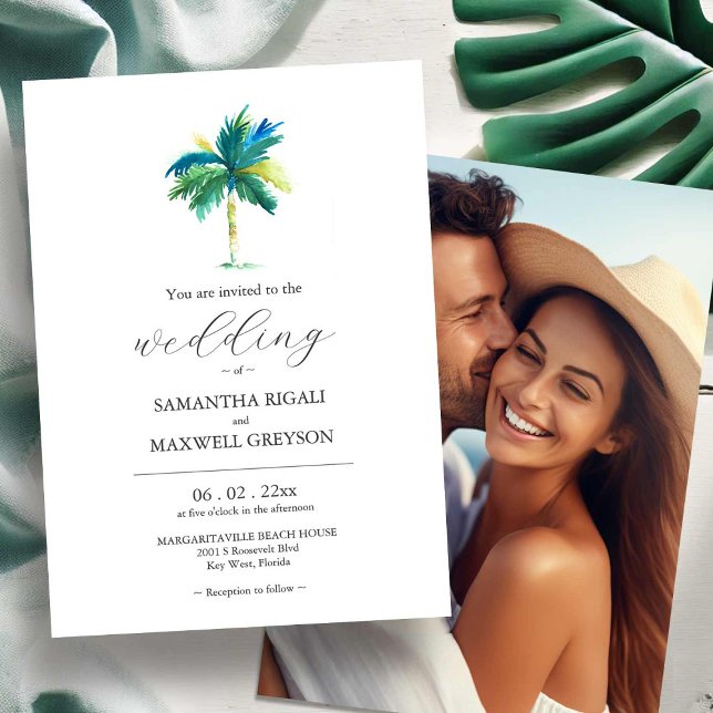 Watercolor Palm Tree Photo Wedding Invitation (Watercolor Palm Tree wedding invitations with photo by Victoria Grigaliunas Do Tell A Belle)