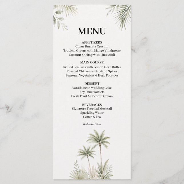 Watercolor Palm Tree Wedding Menu Card (Front)
