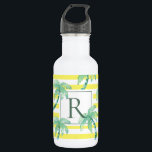 Watercolor Palm Trees and Yellow Striped Monogram 532 Ml Water Bottle<br><div class="desc">Summer palm trees and stripes pattern monogrammed bottle.</div>