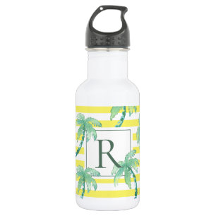 Watercolor Palm Trees and Yellow Striped Monogram 532 Ml Water Bottle
