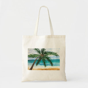 Watercolor palm trees beach sea hawaii coastal tote bag
