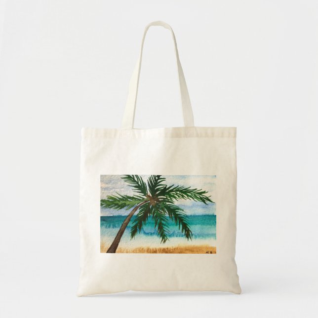Watercolor palm trees beach sea hawaii coastal tote bag (Front)