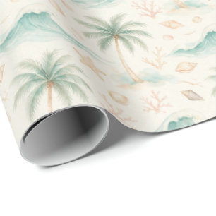 Watercolor palm trees, seashells, starfish, coral wrapping paper