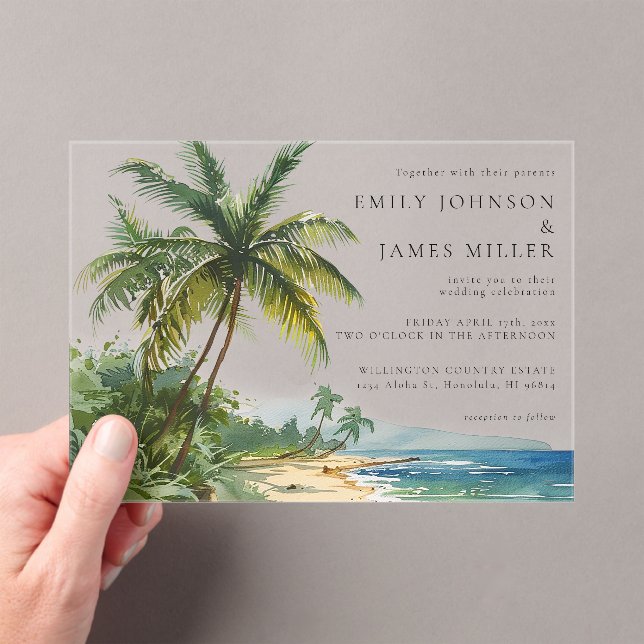 Watercolor Palm Trees Tropical Beach Wedding Acrylic Invitations (Insitu (Handheld))