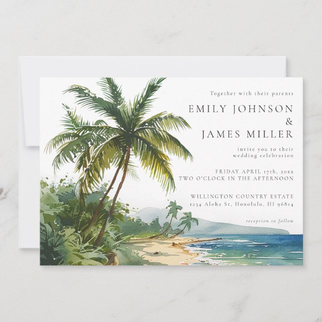 Watercolor Palm Trees Tropical Beach Wedding Invitation (Front)