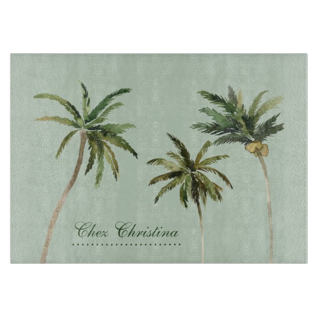 Watercolor Palm Trees Tropical Personalised Cutting Board (Front)