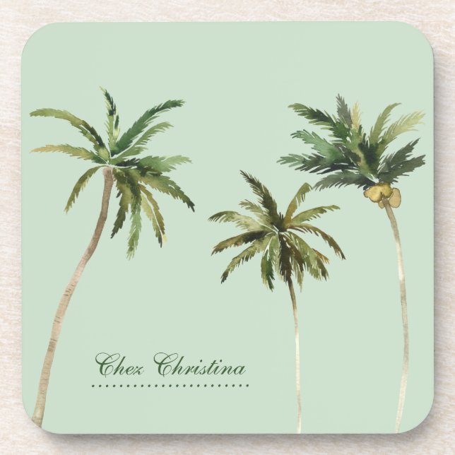 Watercolor Palm Trees Tropical Personalised Green Coaster (Front)