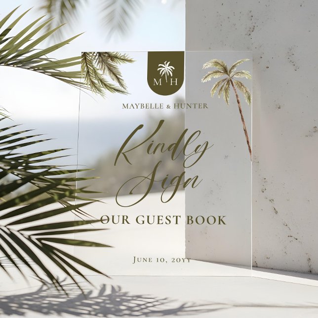 Watercolor Palm Trees Wedding Monogram Guest Book Acrylic Sign (Watercolor Palm Trees Wedding Monogram Guest Book Acrylic Sign3)