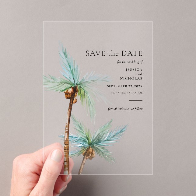 Watercolor Palm Trees Wedding Save the Date Acrylic Invitations (Insitu (Handheld))