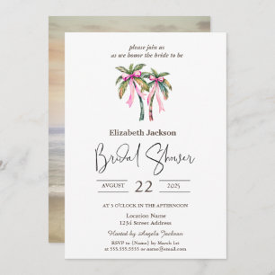 Watercolor Palms Pink Bow Beach Bridal Shower Invitation