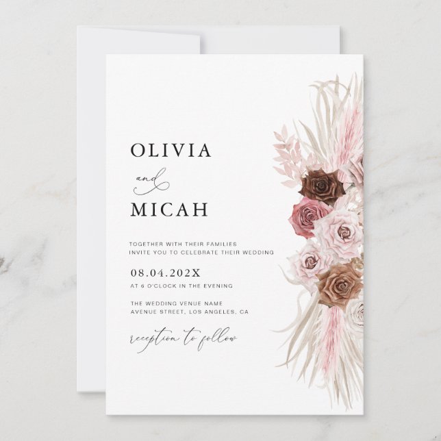 watercolor pampas dusty rose wedding invitation (Front)