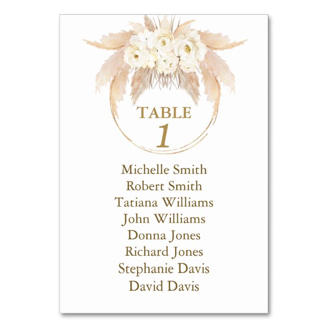 Watercolor Pampas Grass Baptism Seating Chart Table Number (Front)
