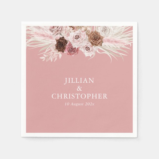 Watercolor pampas grass dusty pink wedding napkin (Front)