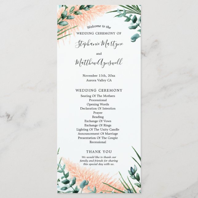 Watercolor Pampas Grass Foliage Wedding Ceremony Program (Front)