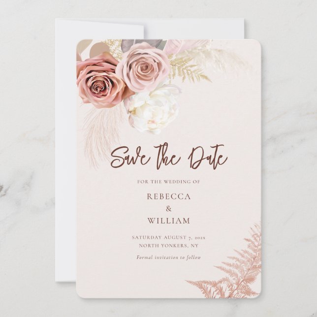 Watercolor Pampas Grass Script Wedding Save The Date (Front)