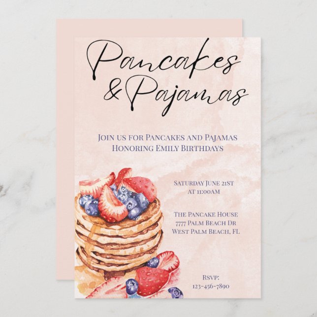 Watercolor Pancakes and Pyjamas Celebration Invitation (Front/Back)