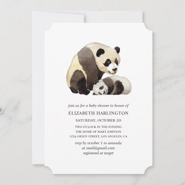 Watercolor panda baby shower. Cute bear animal Invitation (Front)