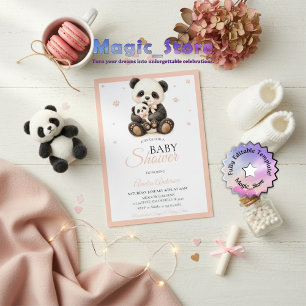 Watercolor Panda Bear Mommy Cub Pink Paws Invitation