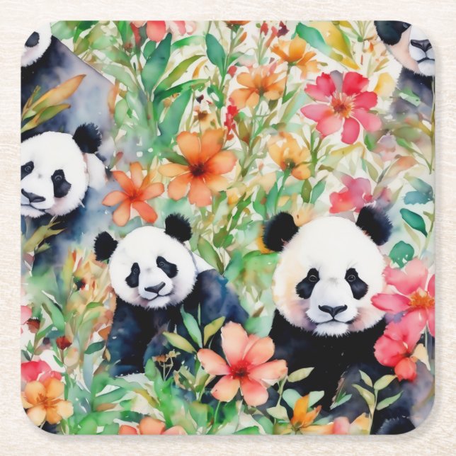 Watercolor Panda Bear Square Paper Coaster (Front)
