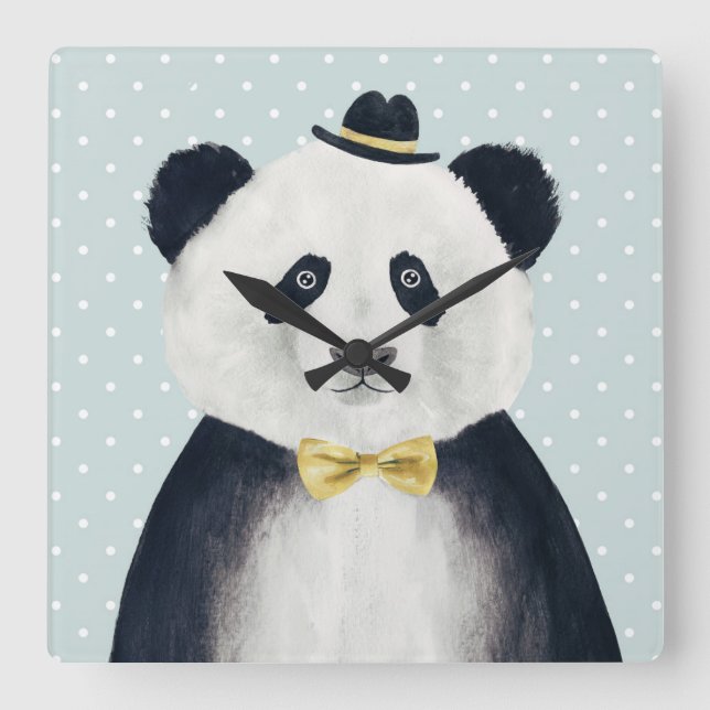 Watercolor Panda Bear Square Wall Clock (Front)
