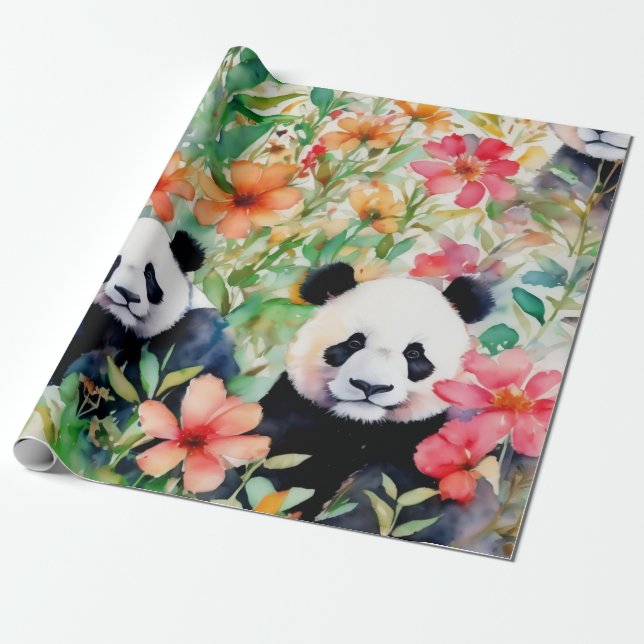 Watercolor Panda Bear Wrapping Paper (Unrolled)