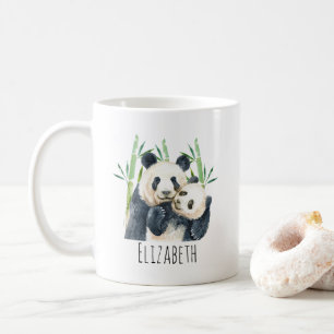 Watercolor Panda Bears Mom & Baby in Bamboo Coffee Mug