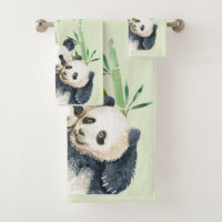 Watercolor Panda Bears Mum & Baby in Bamboo