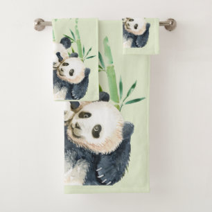 Watercolor Panda Bears Mum & Baby in Bamboo Bath Towel Set