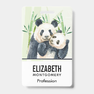 Watercolor Panda Bears Mum & Baby in Bamboo ID Badge