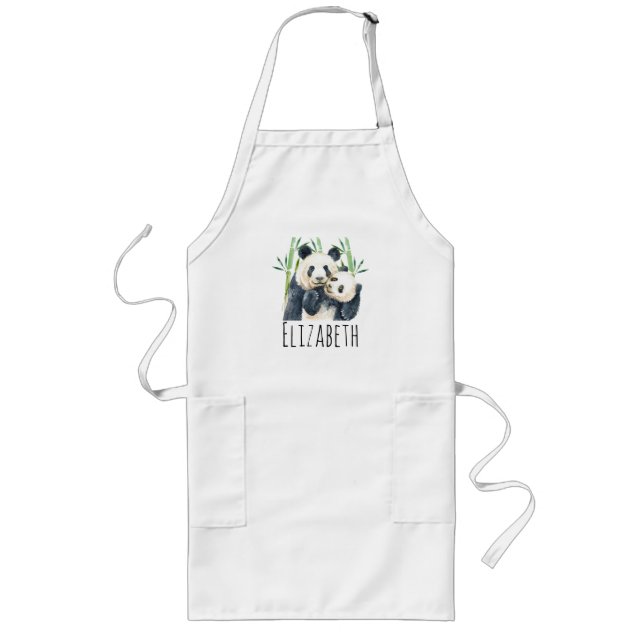 Watercolor Panda Bears Mum & Baby in Bamboo Long Apron (Front)