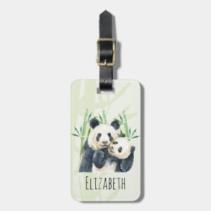 Watercolor Panda Bears Mum & Baby in Bamboo Luggage Tag
