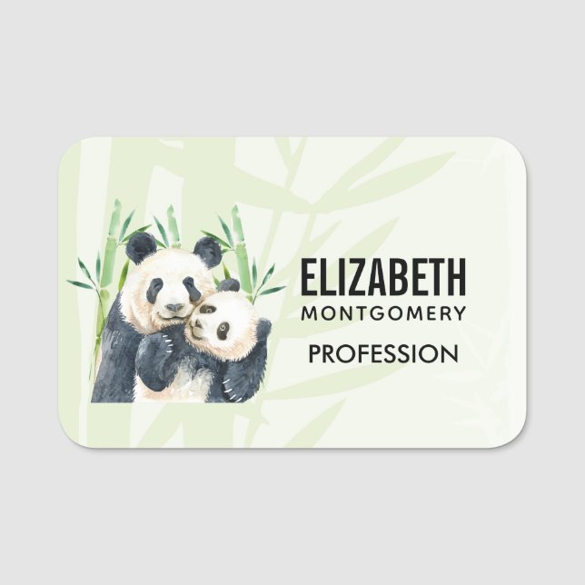 Watercolor Panda Bears Mum & Baby in Bamboo Name Tag (Front)