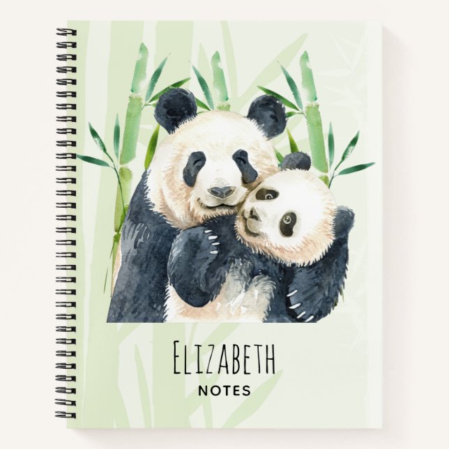 Watercolor Panda Bears Mum & Baby in Bamboo Notebook (Front)