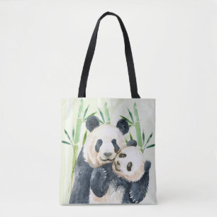 Watercolor Panda Bears Mum & Baby in Bamboo Tote Bag