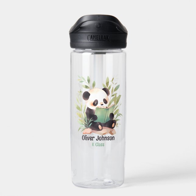 Watercolor Panda Reading A Book Name Water Bottle (Back)