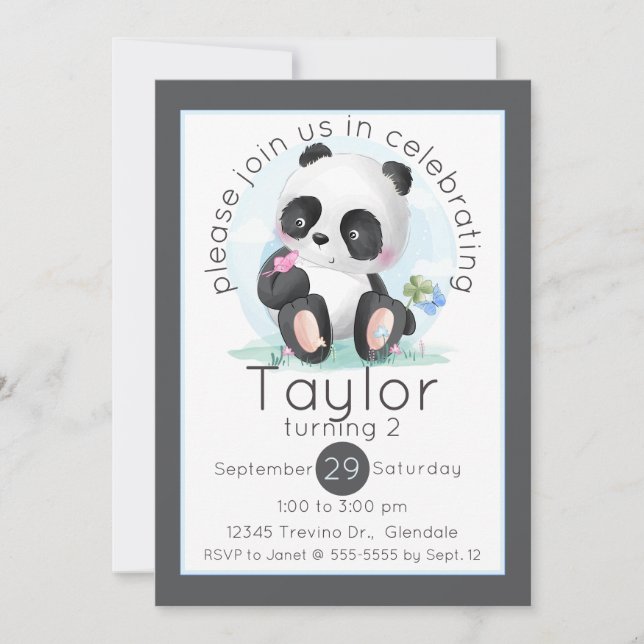 Watercolor Panda with Butterflies Birthday Invitation (Front)