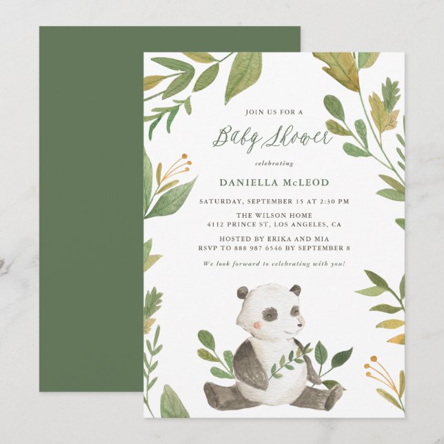 Watercolor Panda with Foliage Wreath Baby Shower Invitation (Front/Back)