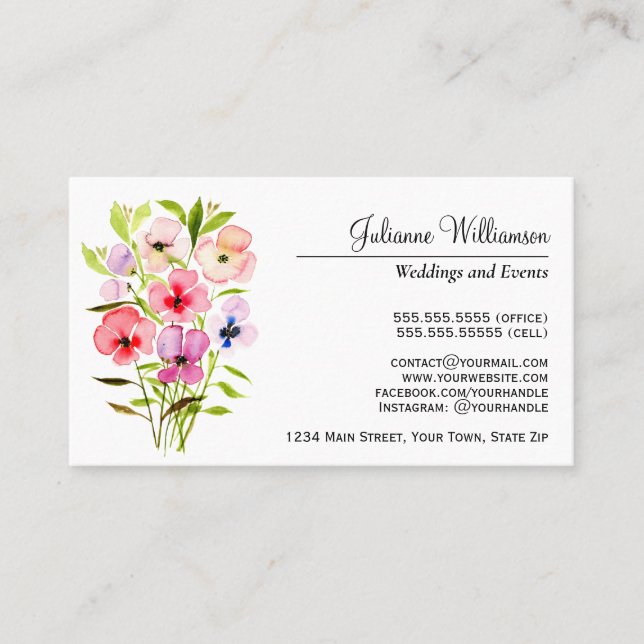 Watercolor Pansies Bouquet Simple Elegant Business Card (Front)