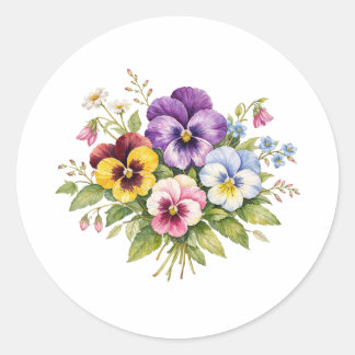 Watercolor Pansy Flowers Bouquet Classic Round Sticker