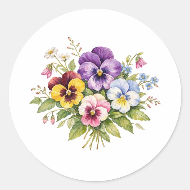 Watercolor Pansy Flowers Bouquet  Classic Round Sticker (Front)