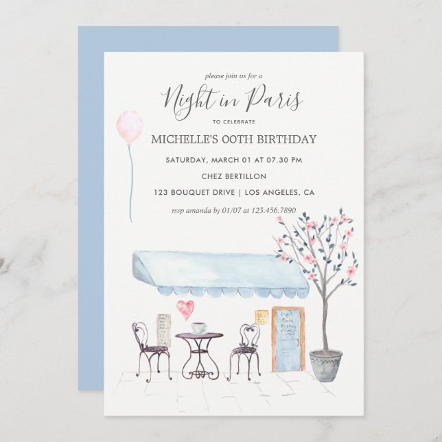 Watercolor Paris Birthday invitation (Front/Back)