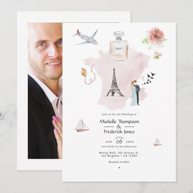 Watercolor Paris Destination Wedding Monogram Invitation (Front/Back)