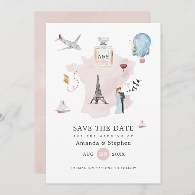 Watercolor Paris Destination Wedding Monogram Save The Date (Front/Back)