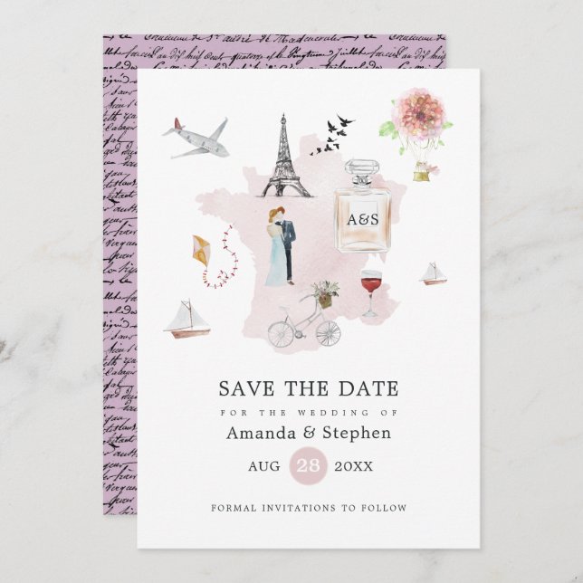 Watercolor Paris Destination Wedding Monogram Save The Date (Front/Back)