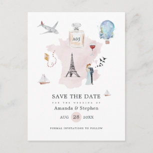 Watercolor Paris Destination Wedding Save the Date Announcement Postcard