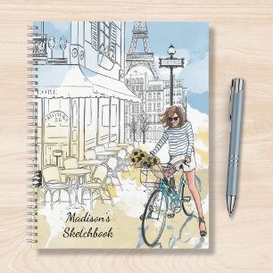 Watercolor Paris Eiffel Tower Bicycle Name Notebook