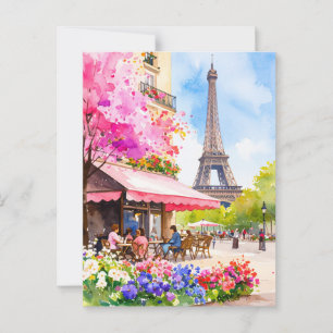 Watercolor Paris Eiffel Tower & Cafe Retro Postcard