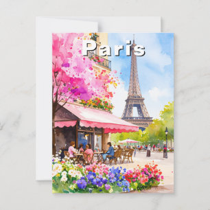 Watercolor Paris Eiffel Tower & Cafe Travel Postcard