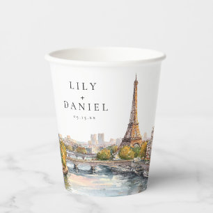 Watercolor Paris France Destination Wedding Paper Cups